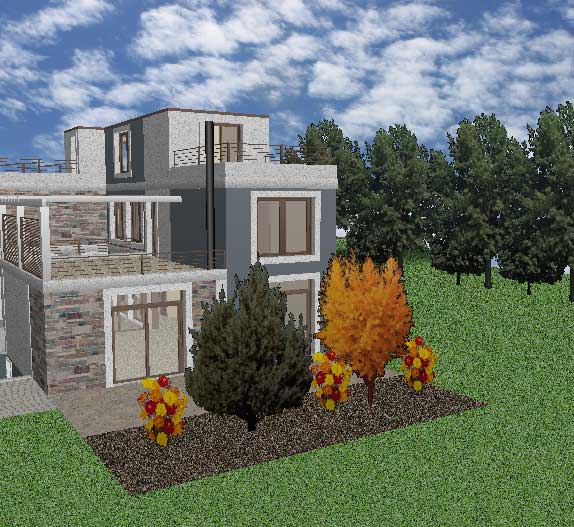 Trees and shrubs added to flower bed design
