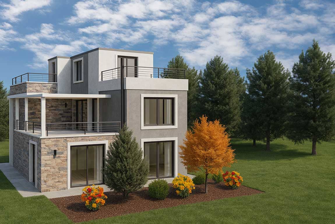 Final rendered flower bed with trees and shrubs