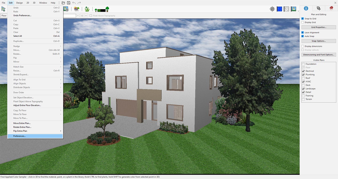 Navigating to Preferences option from the Edit menu in Home Design