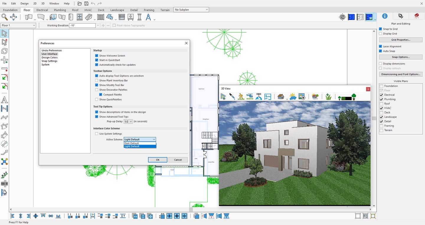 Preview of Home Design application interface with Light Default theme - bright and clean layout