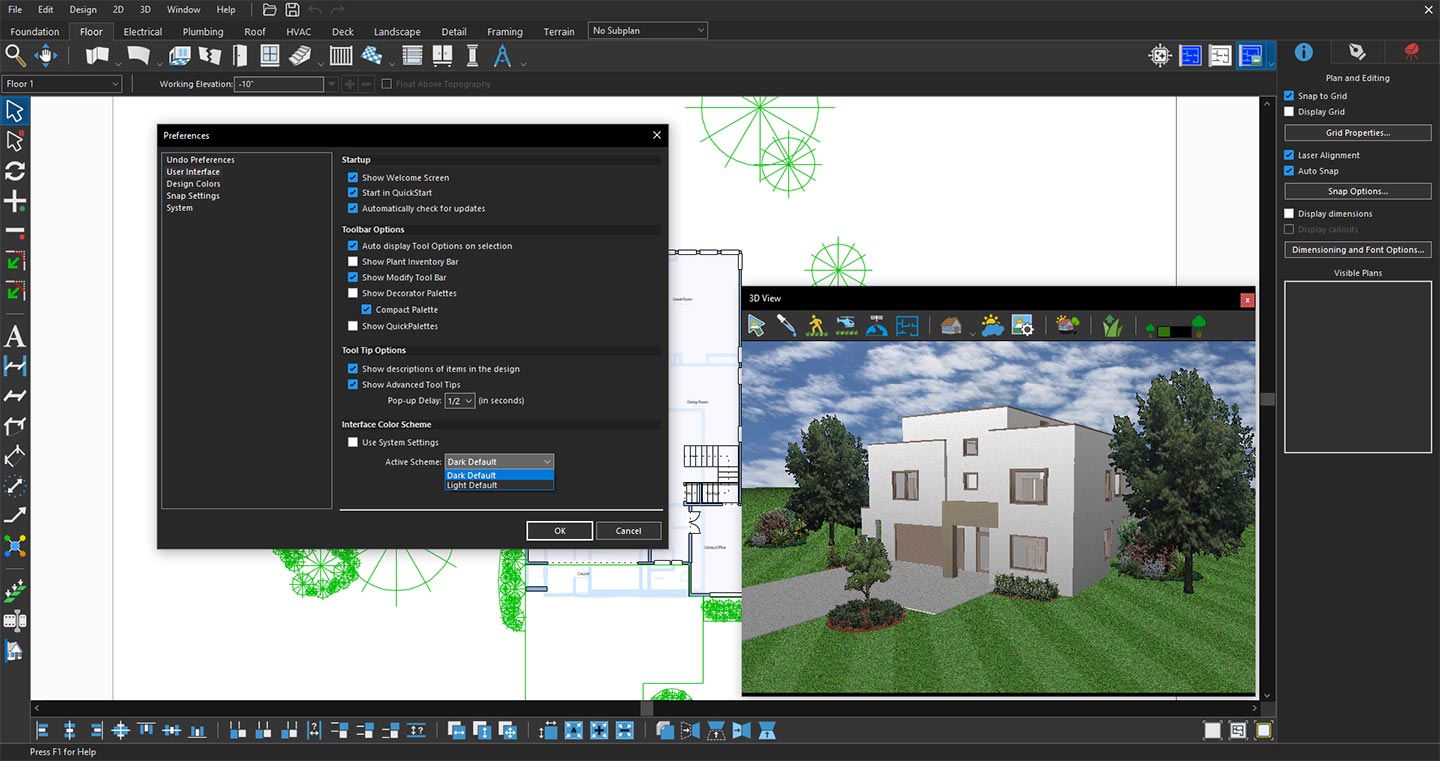 Preview of Home Design application interface with Dark Default theme - modern dark layout