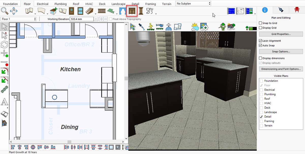 Selecting the base cabinet option from the Floor menu
