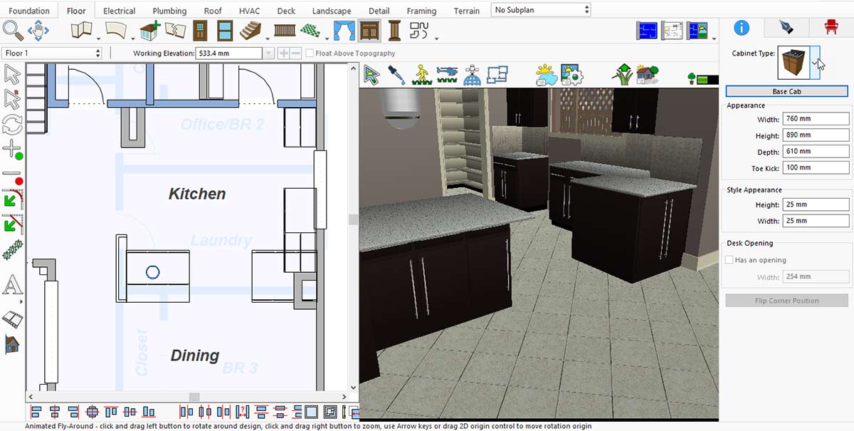 Cabinet type options displayed in the application sidebar