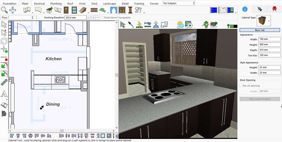 Base cabinet placed inside the kitchen layout