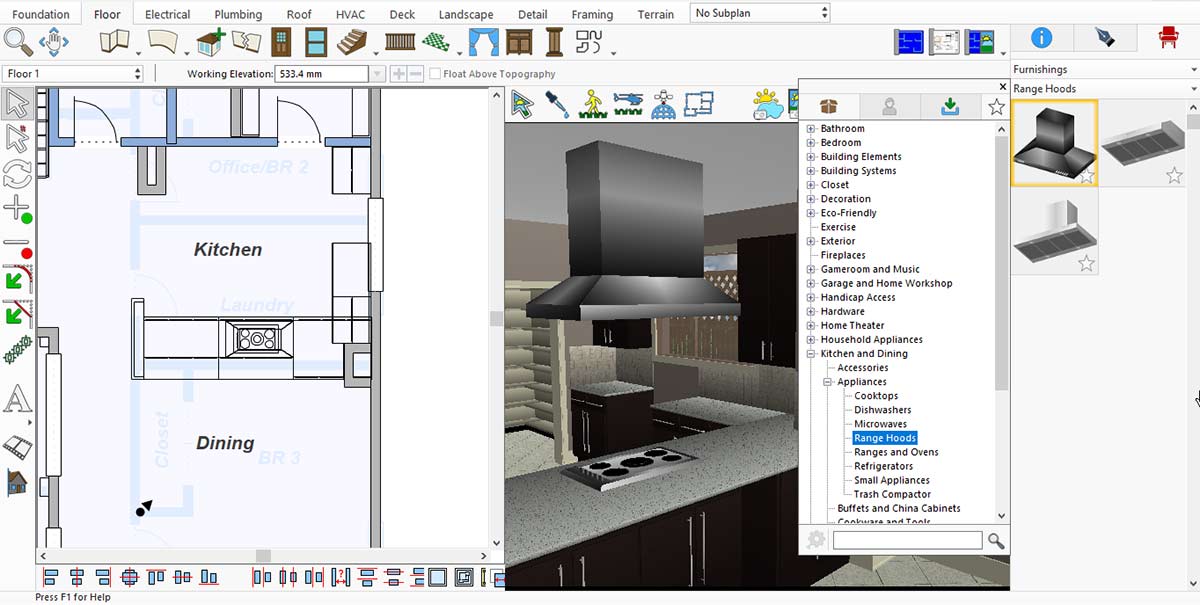 Range hood models available in the stock library