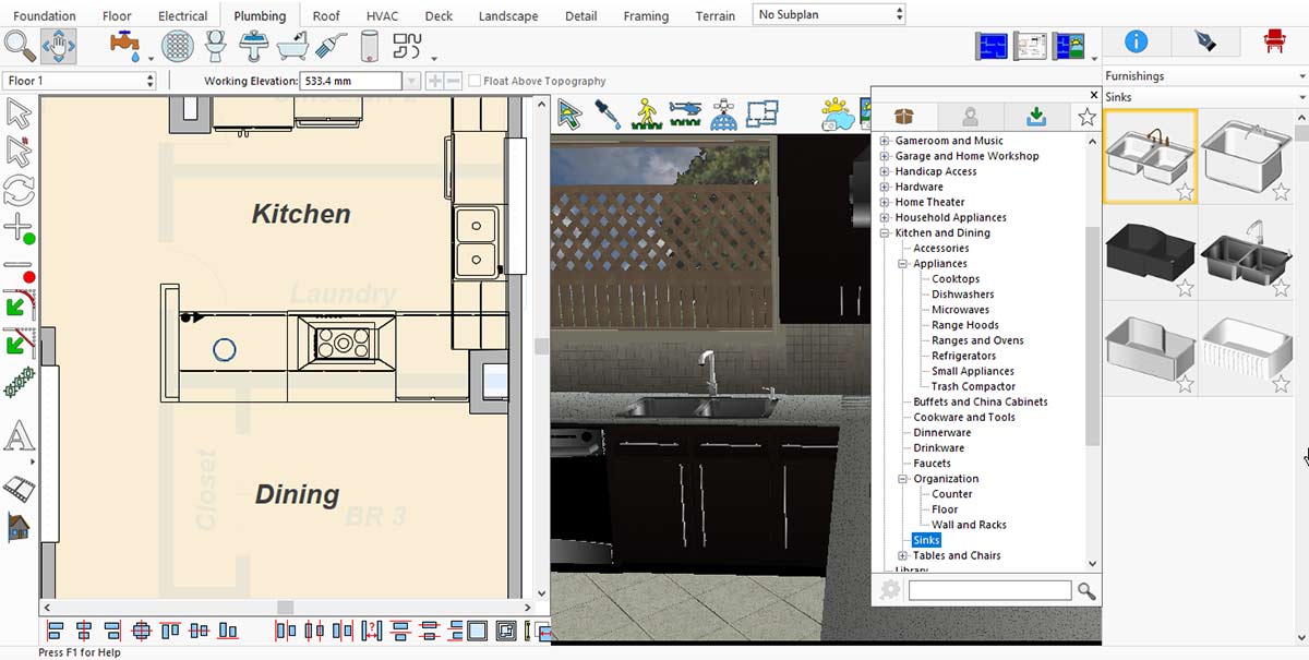 Different kitchen sink models available in library
