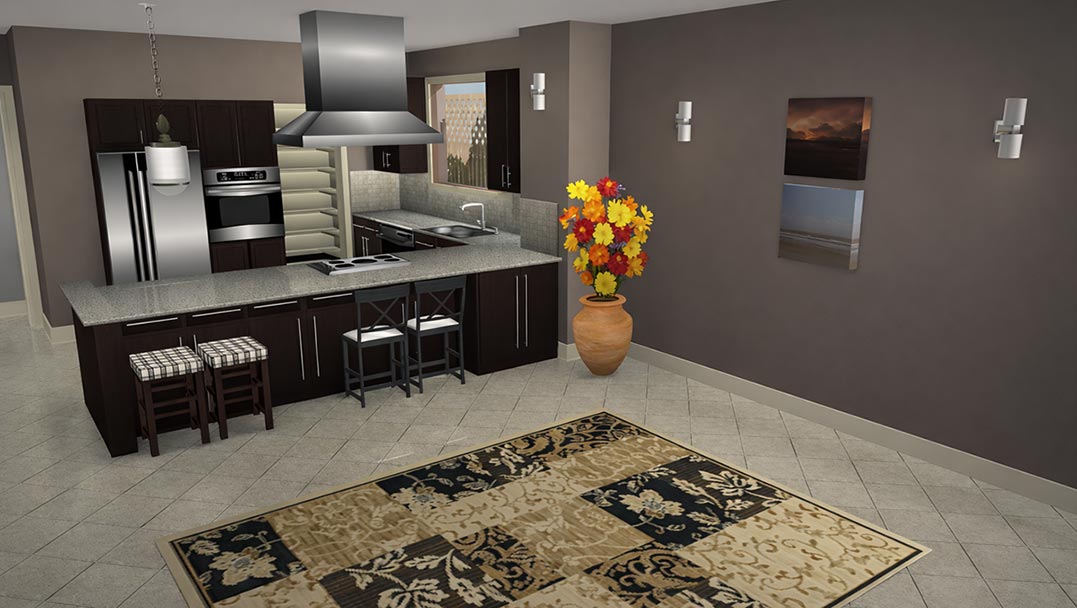 Final rendered modern kitchen after adding all equipment and decor