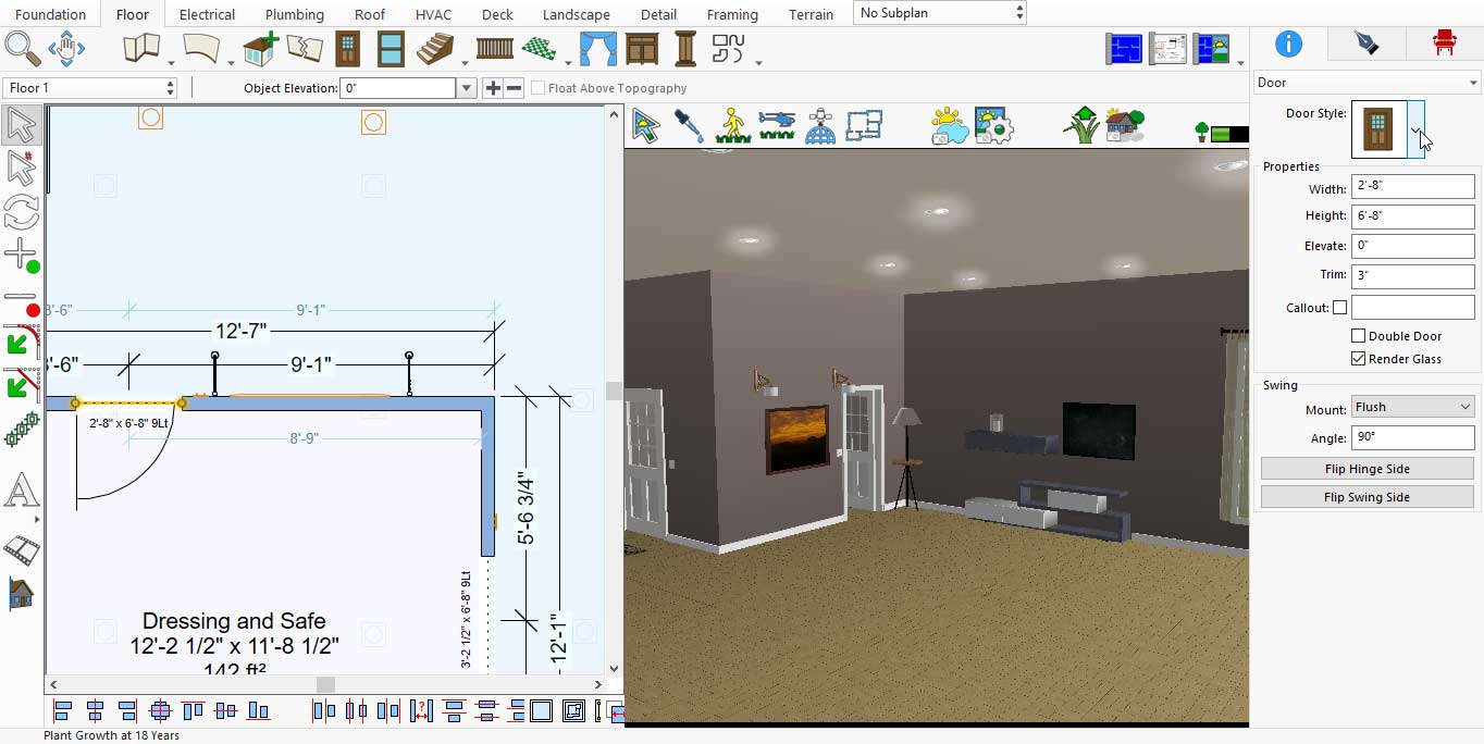 Door placed in living room with editing interface visible
