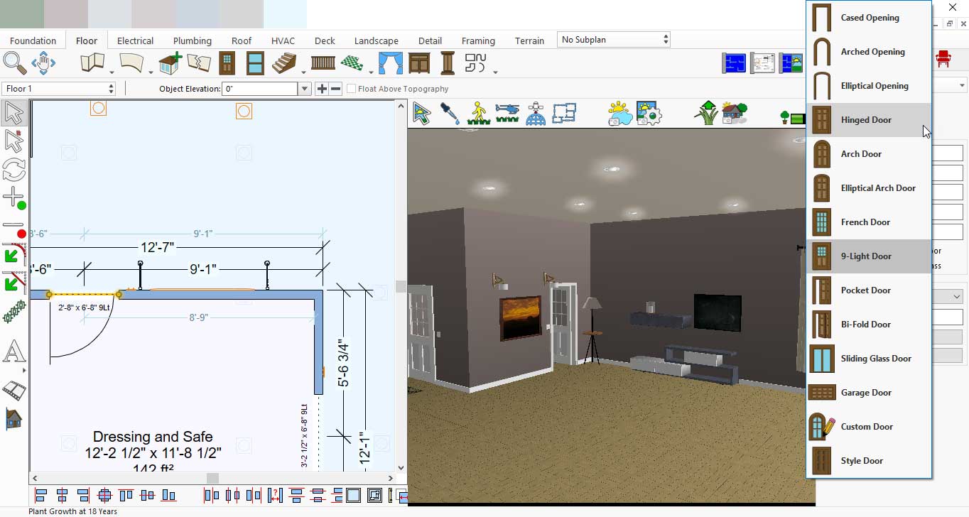 Dropdown menu showing various door design options