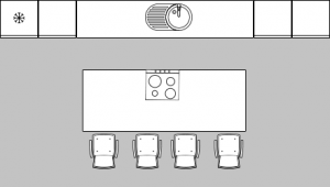 2D plan of a kitchen with a central island