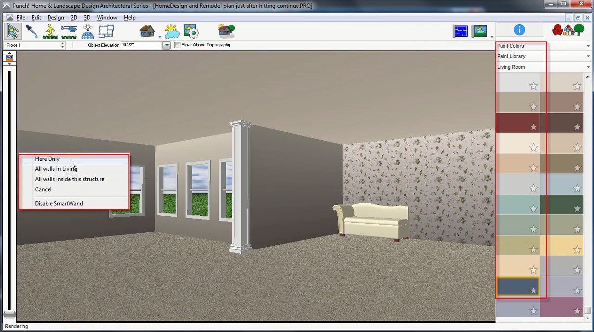 Applying a paint colour to a wall in the 3D view