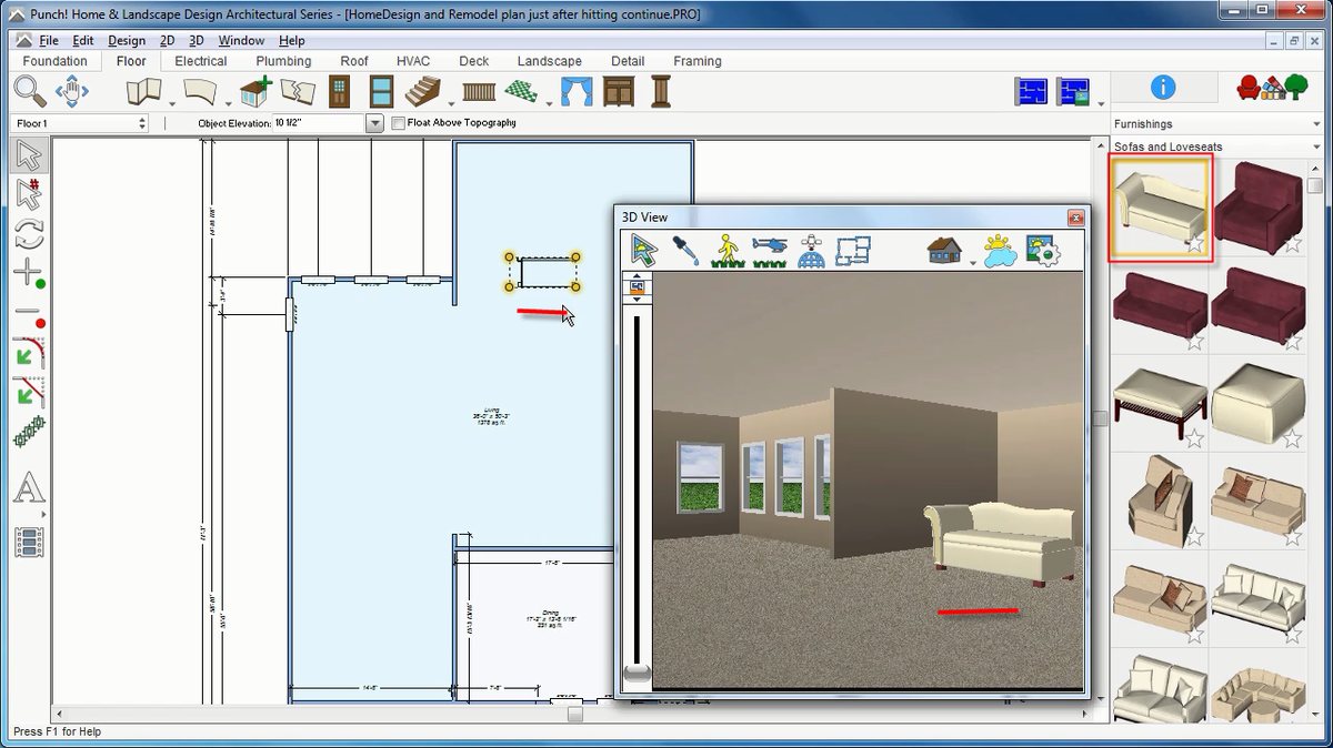 Dragging a piece of furniture from the library into the 3D view
