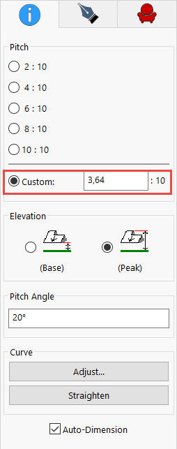 Reading the roof pitch on the Properties tab