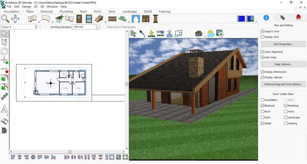 Terraces and paths drawn around the chalet