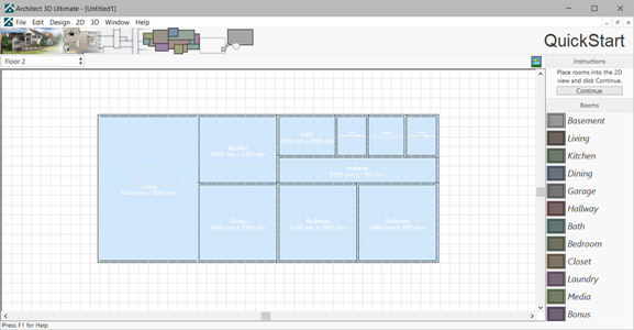 Upper floor rooms placed over the ground floor shown as a layer