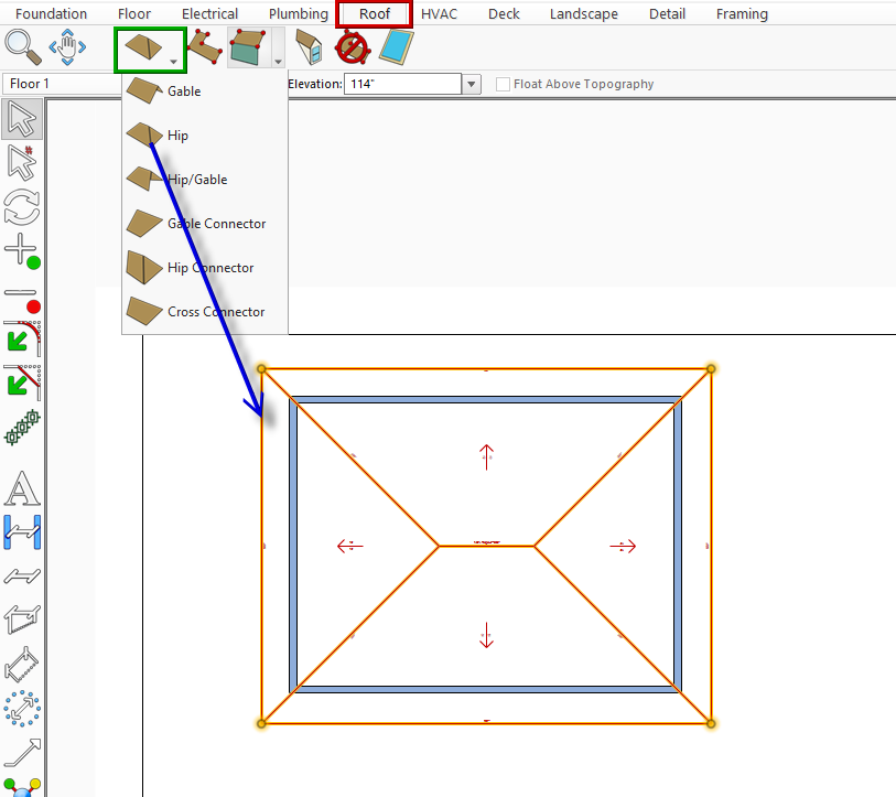 The Roof tab with the predefined roof shapes drop-down