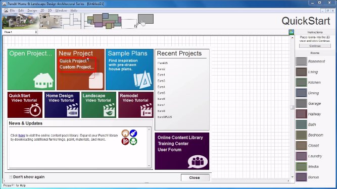 The QuickStart welcome screen with the New Project options