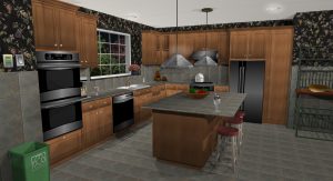 3D L-shaped kitchen with central island