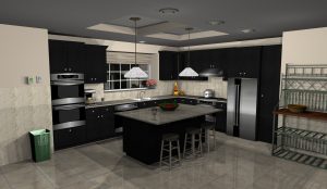 3D view of a L-shaped kitchen with central island
