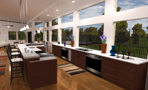 3D view of a kitchen with central island